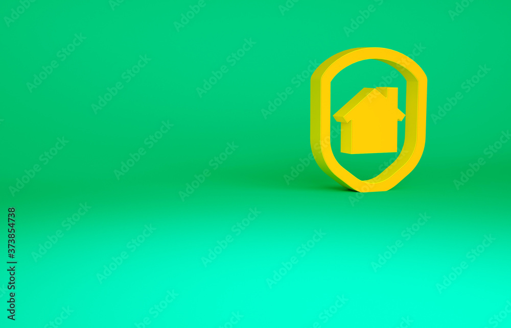 Orange House under protection icon isolated on green background. Home and shield. Protection, safety, security, protect, defense concept. Minimalism concept. 3d illustration 3D render. Orange House under protection icon isolated on green background. Home and shield. Protection, safety, security, protect, defense concept. Minimalism concept. 3d illustration 3D render.