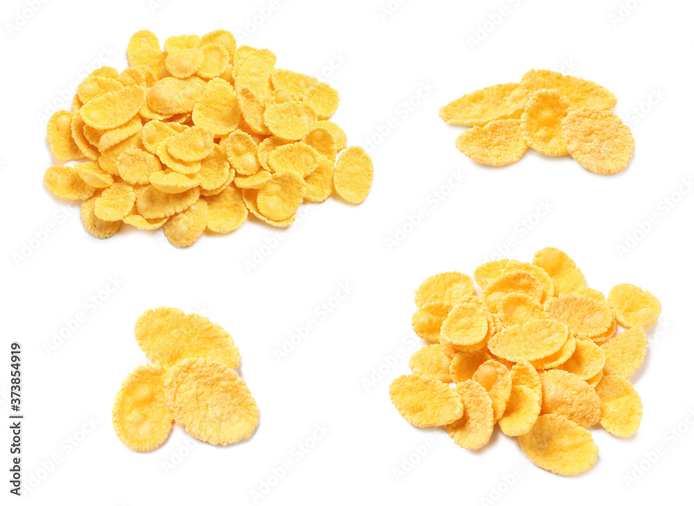 Set of tasty crispy corn flakes on white background Set of tasty crispy corn flakes on white background