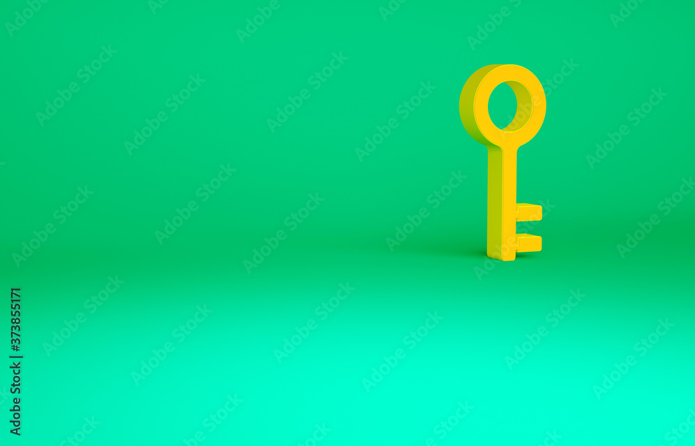 Orange House key icon isolated on green background. Minimalism concept. 3d illustration 3D render. Orange House key icon isolated on green background. Minimalism concept. 3d illustration 3D render.