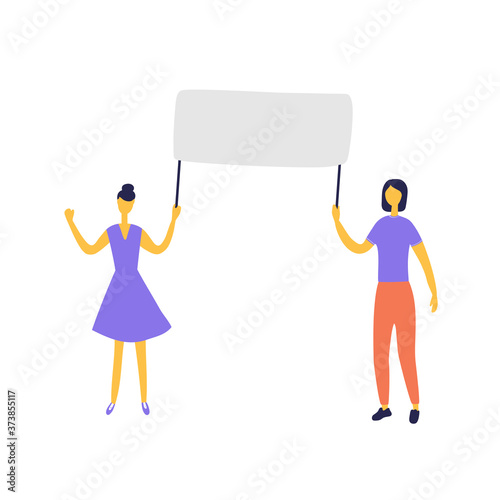 Young women hold placard during LGBTQ rights parade. Concept of diversity, tolerance and gender identity. Love parade. LGBT community. Human rights. Vector flat illustration