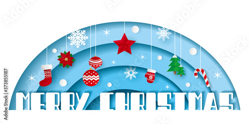 Paper art of Merry Christmas on blue background with star, snowflakes, christmas balls, trees, candy, glove, sock, and poinsettia. vector origami illustration.