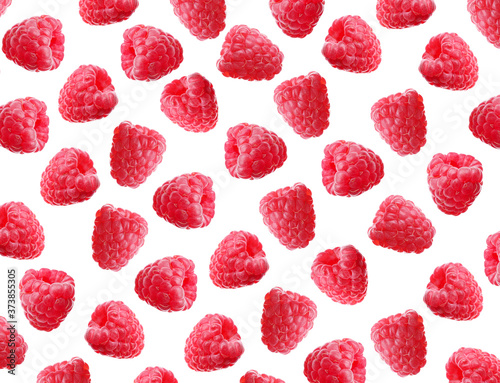Collage with fresh ripe raspberries on white background. Pattern design