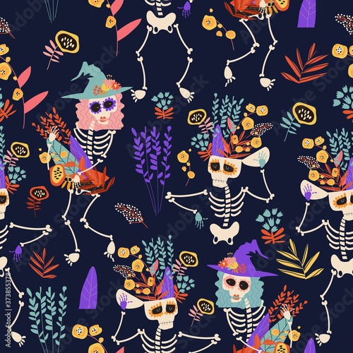 Seamless pattern with skeletons and flowers. Happy crazy Halloween