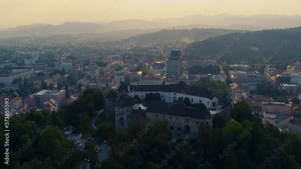 Panoramic drone view of castle on the hill in Ljubljana Panoramic drone view of castle on the hill in Ljubljana