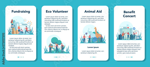 Volunteer mobile application banner set. Charity community