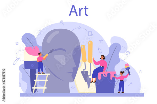 Art school education. Student holding a brush and paints. Artist