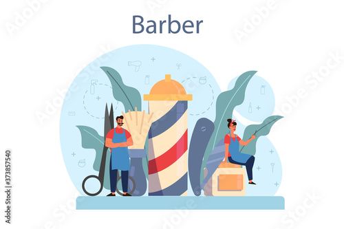 Barber concept. Idea of hair and beard care. Scissors and brush,