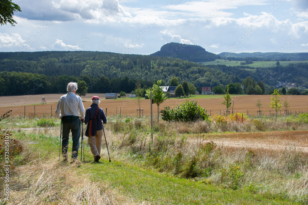 Elderly tourists in the Swiss Saxon National Park, Konigstein Fortress, Attractions Germany, Saxony