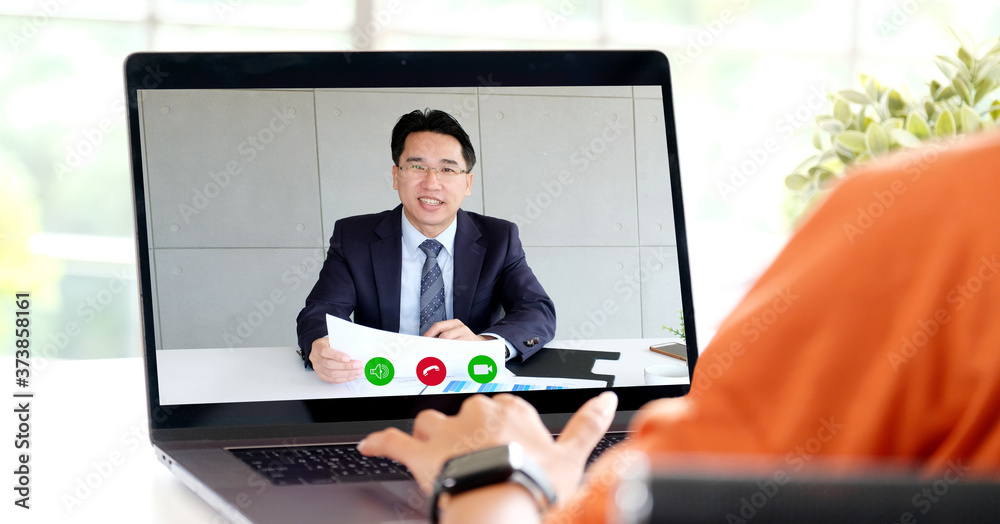 Video conference, Work from home, Businessman making video call to employee with virtual web, Contacting manager by conference on laptop computer at home, Talking on web, Online consultation business Video conference, Work from home, Businessman making video call to employee with virtual web, Contacting manager by conference on laptop computer at home, Talking on web, Online consultation business