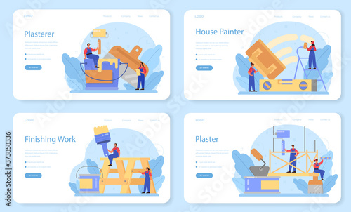 House wall plasterer web banner or landing page set. People