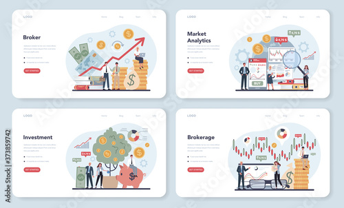 Financial broker web banner or landing page set. Market analytics,