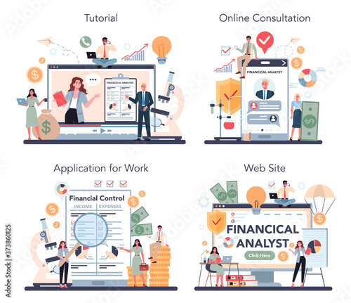 Financial analyst or consultant online service or platform set.