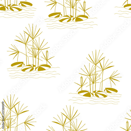 Art & Illustration. Seamless pattern stylized drawing of papyrus with lotus leaves. Legends of Egypt.
