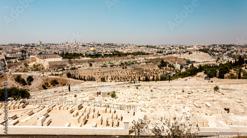 View of Jerusalem old city, Temple Mount and the ancient Jewish cemetery from the Mount of Olives, Israel