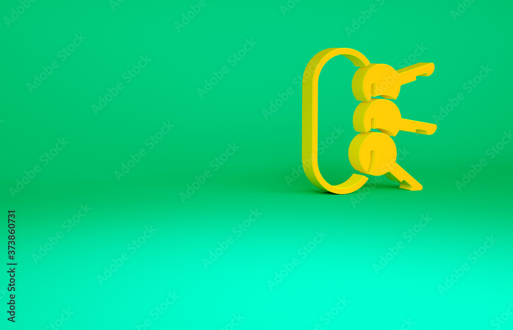 Orange Bunch of keys icon isolated on green background. Minimalism concept. 3d illustration 3D render. Orange Bunch of keys icon isolated on green background. Minimalism concept. 3d illustration 3D render.