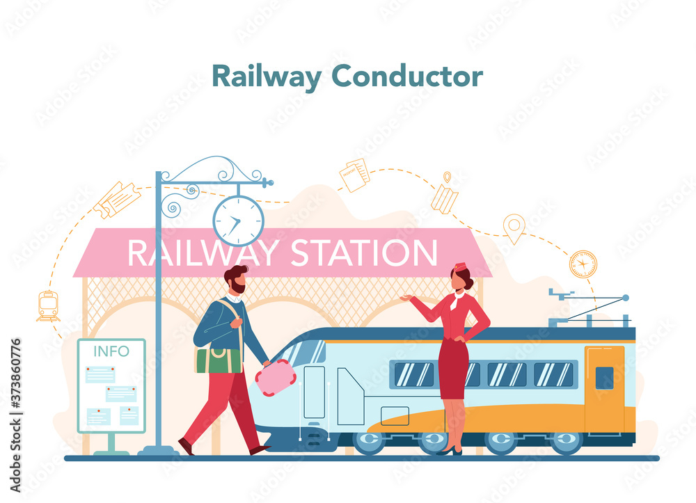 Railway conductor concept. Railway worker in uniform on duty. Train Railway conductor concept. Railway worker in uniform on duty. Train