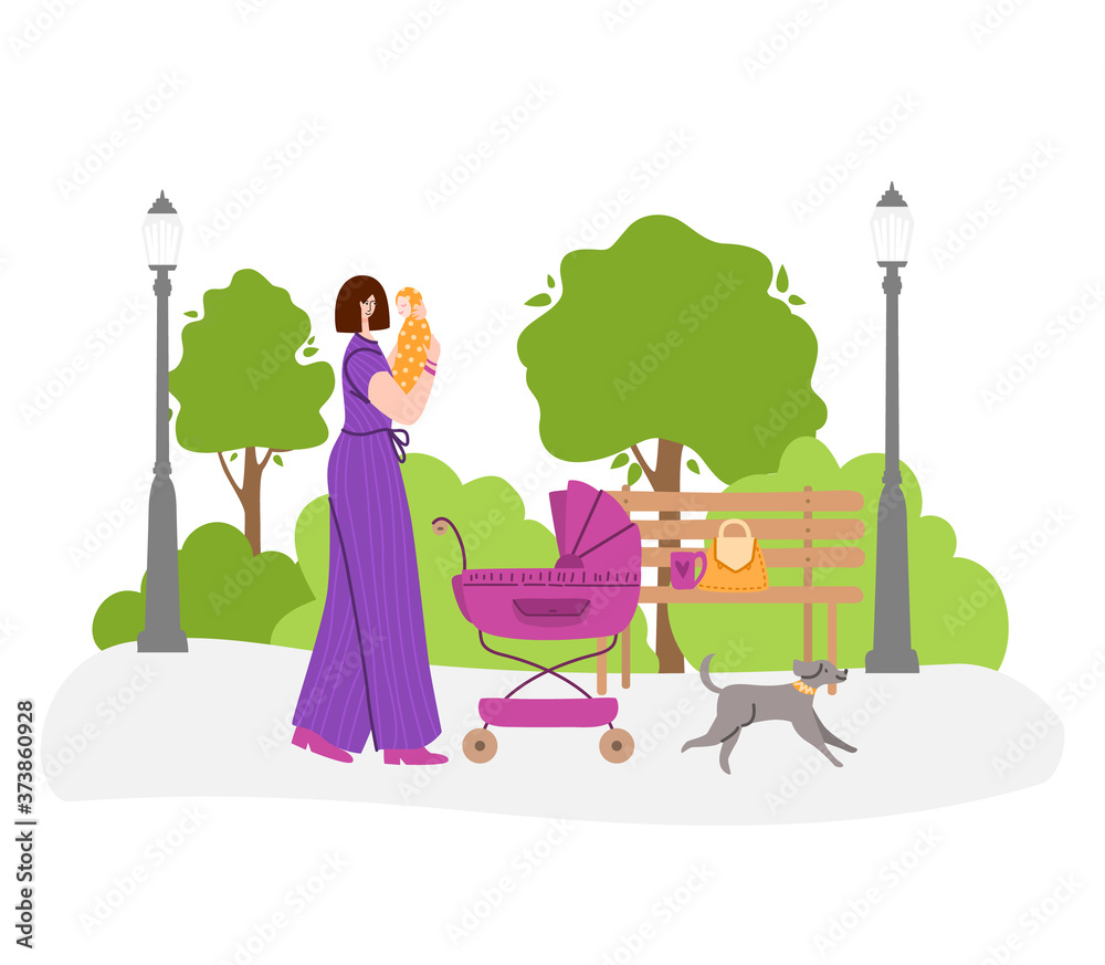 Happy motherhood or maternity concept - woman is holding a newborn in her arms. Yong mother is walking with baby carriage in the park outdoors. flat cartoon female character - vector illustration