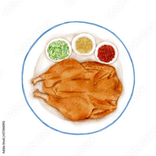 Photography Watercolor Illustration of a Cuisine - Roasted chicken with three saucers of dip