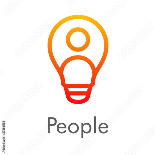 Concepto idea. Logotipo lineal abstracto bombilla con persona en su interior en color naranja con palabra People
