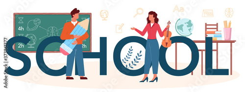 School typographic header. Profesor planning curriculum, meeting
