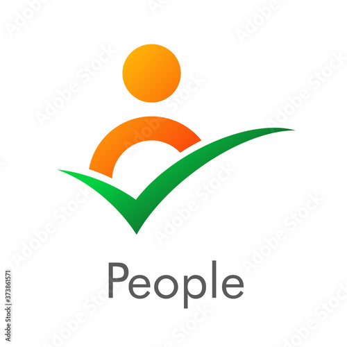 Contacto aceptado. Usuario aceptado. Logotipo lineal abstracto hombre con círculos con check en naranja y verde y palabra People