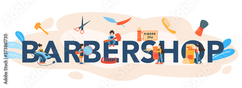 Barbershop typographic header. Idea of hair and beard care. Scissors