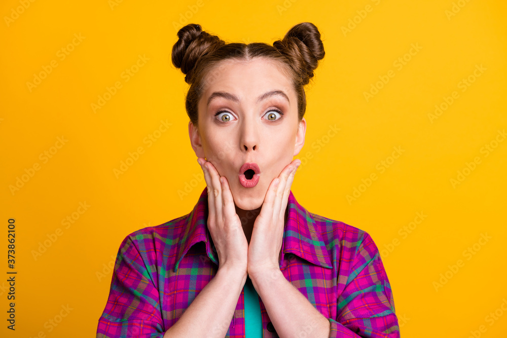 Close-up portrait of her she nice attractive cheerful amazed girl wearing checked shirt unexpected good great news pout lips isolated over bright vivid shine vibrant yellow color background