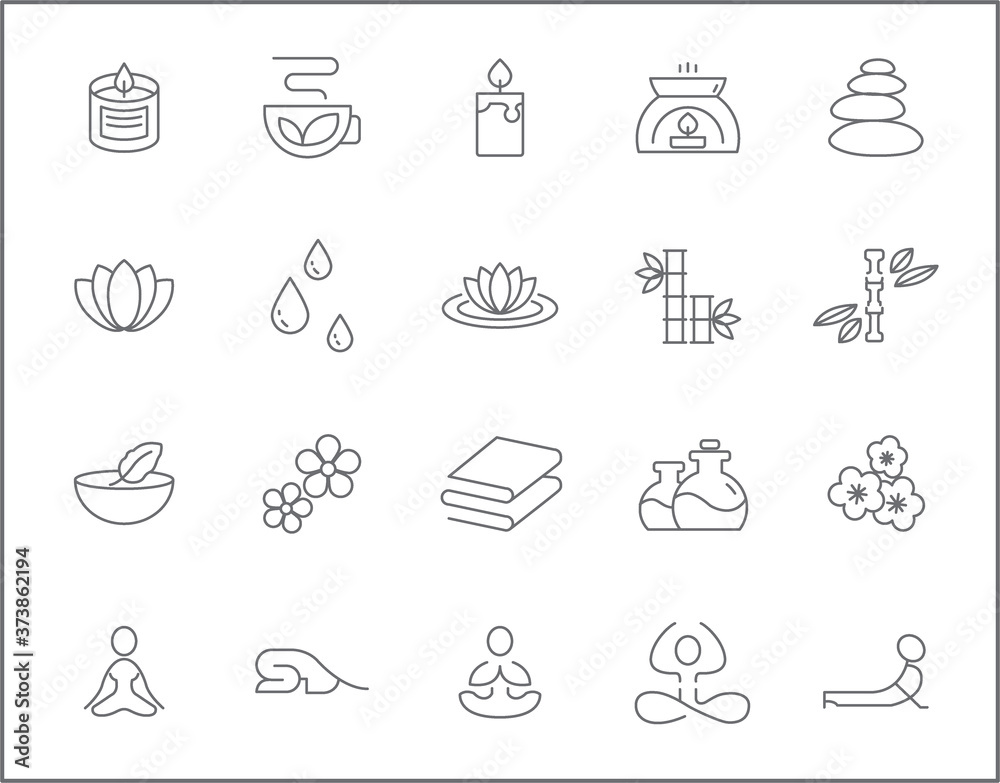 Fototapeta premium Set of yoga and spa icons line style. It contains such Icons as wellness, pose, beauty, peace, therapy and other elements.