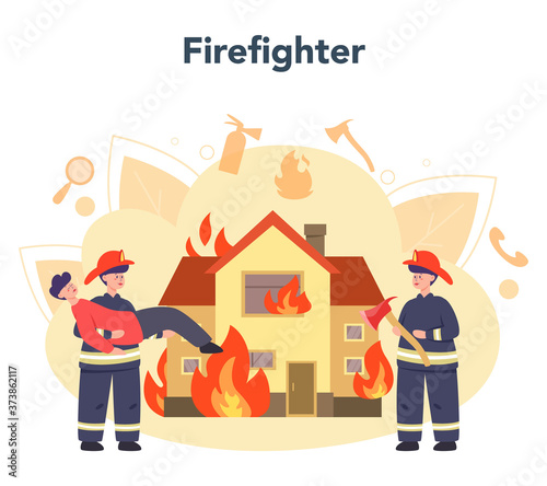 Fireman concept. Professional fire brigade firhting with flame.