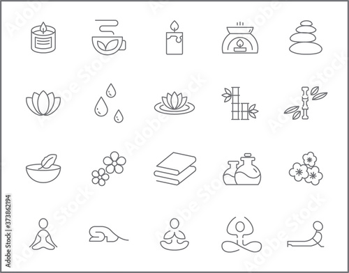 Set of yoga and spa icons line style. It contains such Icons as wellness, pose, beauty, peace, therapy and other elements.