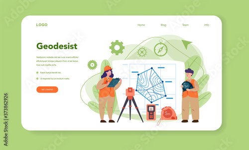 Geodesy science web banner or landing page. Land surveying