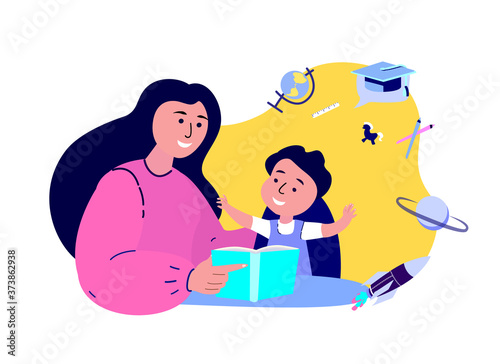 Happy Family Together Prepare Schoolboy for School.Child Education.Mother Tutor Support Reading Book with Son Student Homework. Lesson Learning.Home Schooling. Pupil Study Science. Vector Illustration