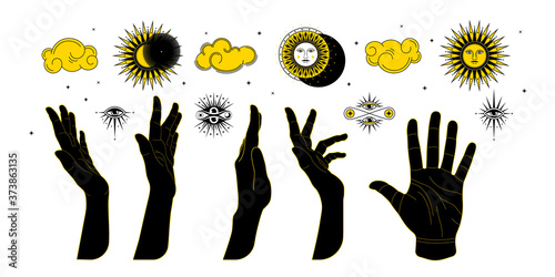 Big Astrological Set. Eye of Providence. Graphic design elements, hands, sun, stars, eyes.