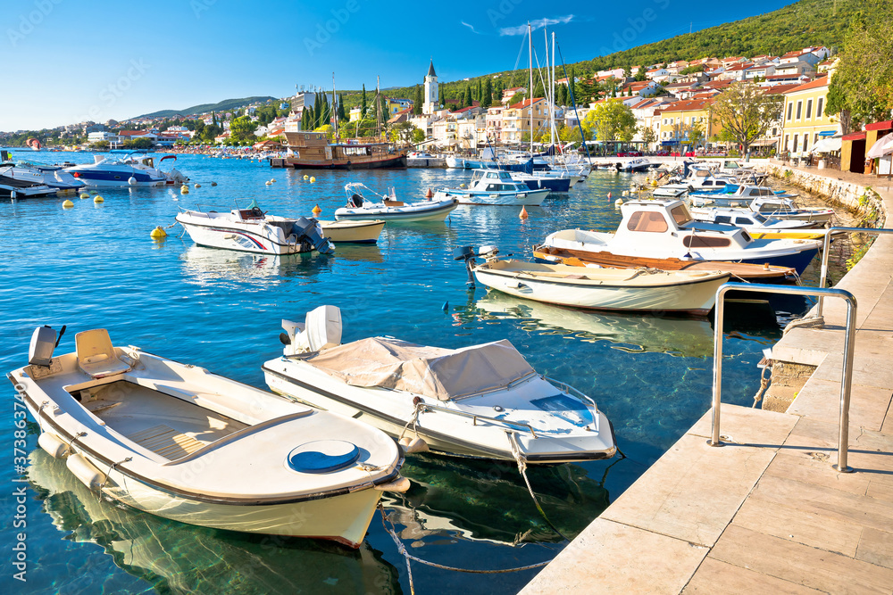 Tourist town of Selce waterfront and harbor view