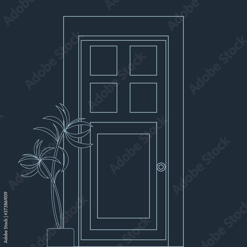 Front view of door and plant. Empty room. 
