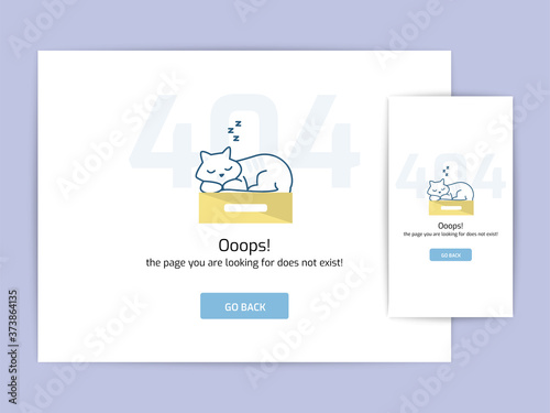 Page not found 404 design concept template. error page flat line vector. Link to a non-existent page. Cat sleeping illustration