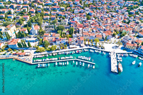 Tourist town of Selce waterfront aerial view