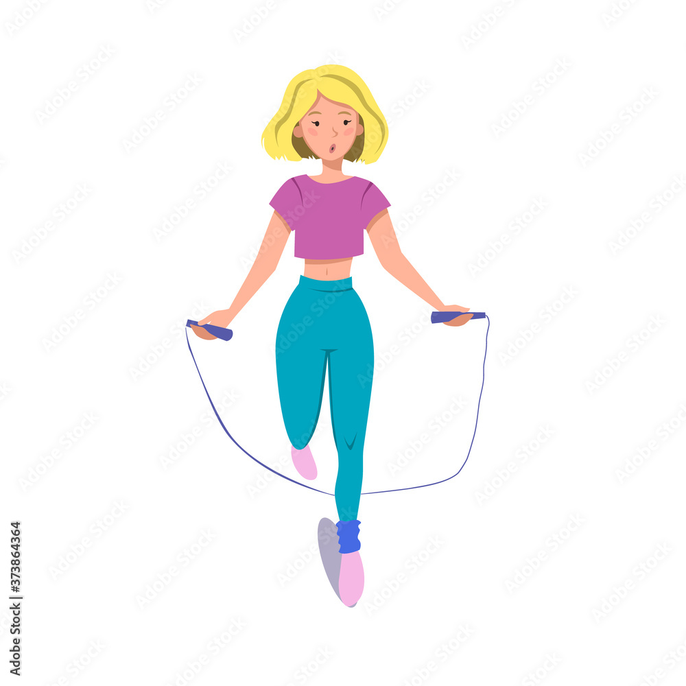 A toned girl does exercises with a skipping rope in sportswear. Flat vector illustration on a white isolated background. Image for sports centers and banners.