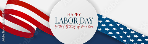 Labor Day banner. USA national federal holiday header design. American flag waving ribbon background. Realistic vector illustration.