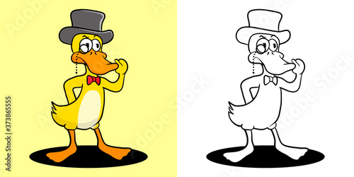 Coloring book cartoon illustration duck with magician hat