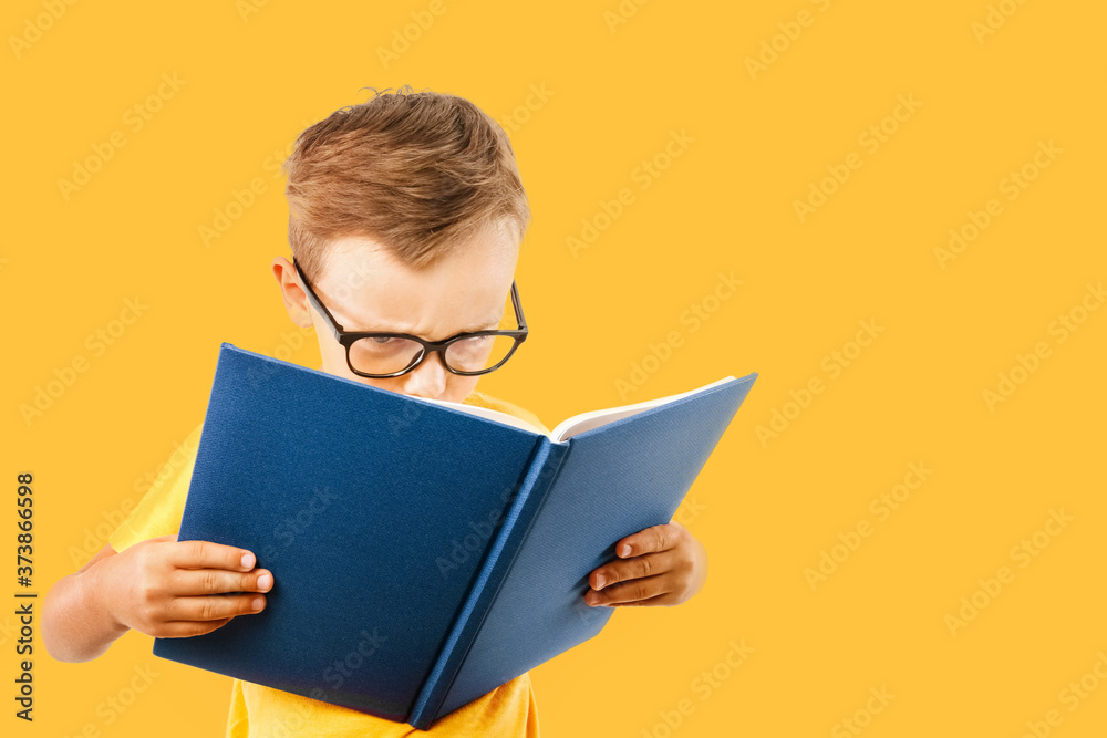 child reads a book against a bright wall child reads a book against a bright wall
