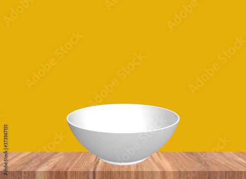 3D rendering white bowl wood table illustration