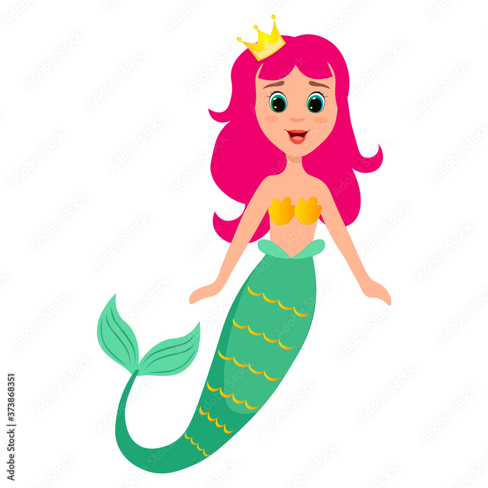Cartoon mermaid character with pink hair and shiny tail. Underwater life concept. Flat vector illustration. Can be used for clothing. For design of album, scrapbook, card and invitation Cartoon mermaid character with pink hair and shiny tail. Underwater life concept. Flat vector illustration. Can be used for clothing. For design of album, scrapbook, card and invitation