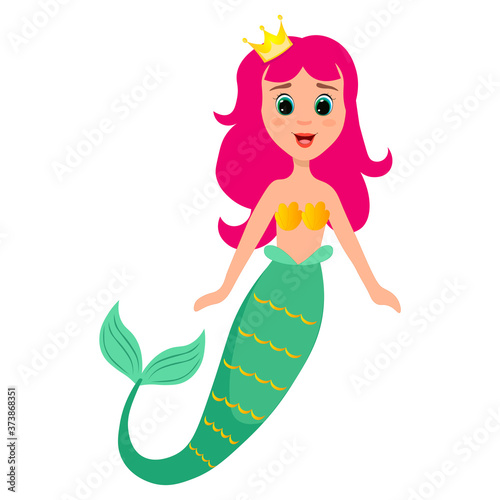 Cartoon mermaid character with pink hair and shiny tail. Underwater life concept. Flat vector illustration. Can be used for clothing. For design of album, scrapbook, card and invitation