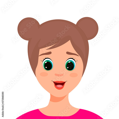 Emotion of laughter on the face of a brunette girl. Vector illustration. Can be used for clothing. Use for print, surface design, fashion wear. For design of album, scrapbook, card and invitation