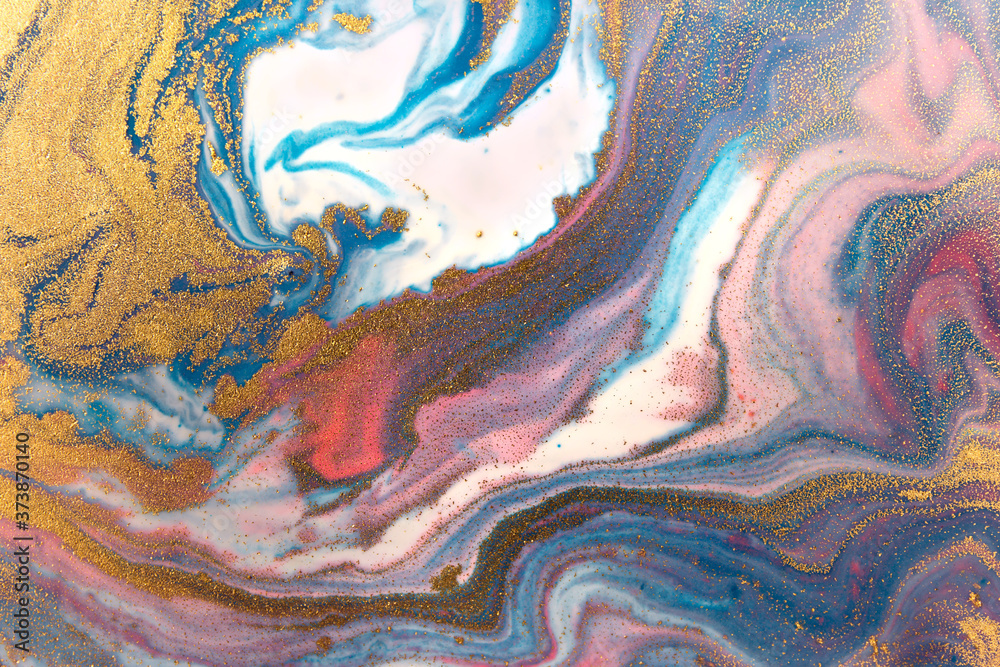 Marbled blue, pink and white abstract wave background with golden layers.