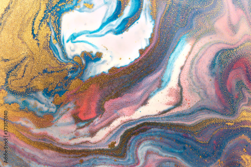 Marbled blue, pink and white abstract wave background with golden layers. © anya babii