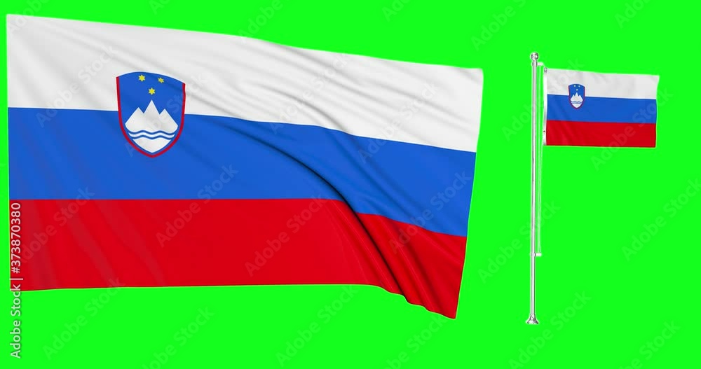 Green screen hiper realistic of Slovenia two flags waving in the wind slovenian flagpole fluttering with highly detailed fabric texture animation 4k 3d chroma key
