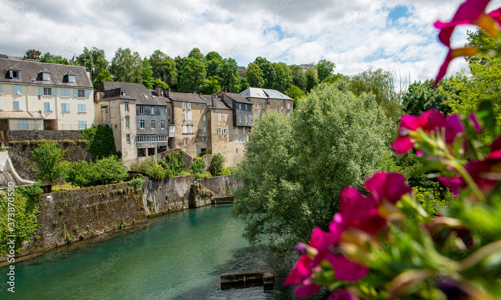 French landscape in the country on the Oloron river. Oloron Sainte Marie, france