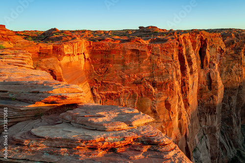 Grand canyon, Glen Canyon, Arizona. Red rock canyon road panoramic landscape. Mountain road in red rock canyon desert panorama